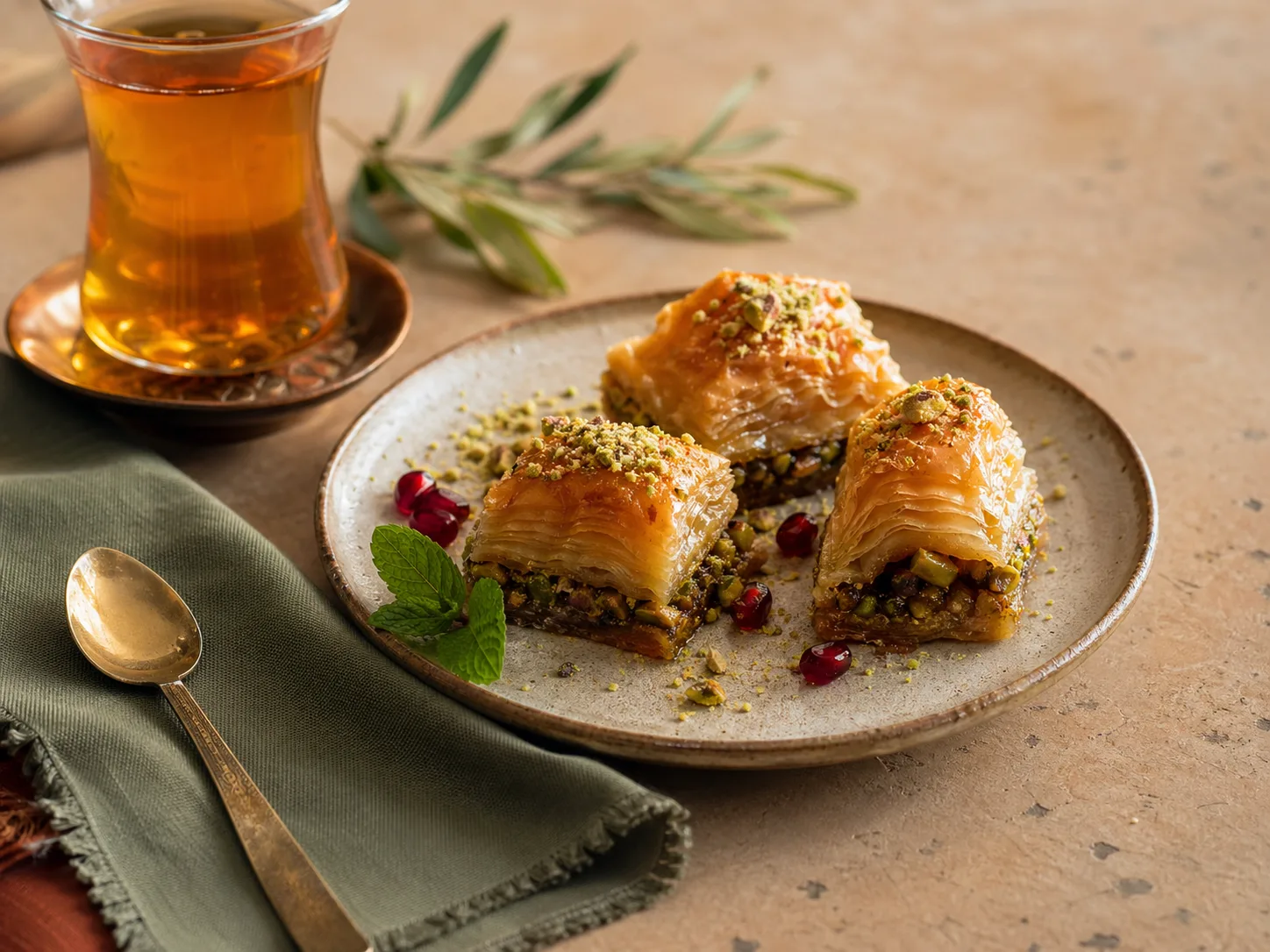 Baklava con pistacho y té